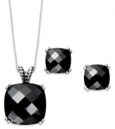 Shapely sparkle. This matching pendant and stud earrings set features cushion-cut onyx (10 mm) set in sterling silver. Approximate length: 18 inches. Approximate pendant drop: 5/8 inch. Approximate earring diameter: 1/3 inch.