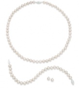 Polish and shine. This sophisticated matching jewelry set features a necklace, earrings and bracelet with cultured freshwater pearls (6-7 mm) and sparkling diamond accents. Set in sterling silver. Approximate length: 18 inches. Approximate bracelet length: 7-1/2 inches. Approximate stud diameter: 1/4 inch.