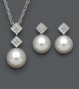 Polish and refinement. This stunning matching pendant and earrings set features cultured freshwater pearls (6-7 mm) with sparkling diamond accents in a sleek square shape. Set in sterling silver. Approximate length (necklace): 18 inches. Approximate drop (necklace): 3/4 inch. Approximate drop (earrings): 1/2 inch.