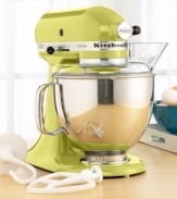 Retro styled and easy to use, the KitchenAid Artisan stand mixer is the perfect kitchen companion. Employing a unique tilting head to facilitate bowl and content removal, this mixer is undeniably handy. Hassle-free total replacement warranty and one-year full warranty. Model KSM150PS.
