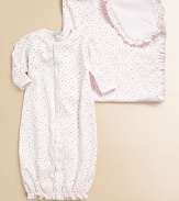 Treat your little one to this playful style in ultra soft cotton knit that converts from a coverall to a baby sack in a snap.Round necklineLong sleevesFront snap closureSnap bottomAllover floral printFeminine scalloped trimLegs have elasticized cuffsPima cottonMachine washImported Please note: Number of snaps may vary depending on size ordered. 