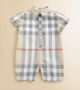 A pale check pattern adorns this plush cotton one-piece with patch pockets and front buttons.Polo collarShort sleevesFront button placketFront patch pocketsBack yokeCottonMachine washImported Please note: number of buttons may vary depending on size ordered.Pattern may vary. 