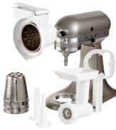 Great taste for the gourmand! A versatile kitchen starts with a smart selection of KitchenAid Stand Mixer attachments. Including the food grinder, rotor slicer and shredder and sausage stuffer, this gourmet kit makes a master space for the master chef, doing even more-grinding meats, whipping up applesauce and marinara, shredding veggies and cheese, and creating homemade sausage-all in your stand mixer.1-year warranty. Model KGSSA.