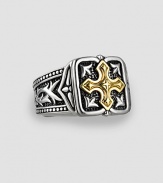 Handsome 18k gold cross accent on Sparta-engraved sterling silver. About ¾ X ¾ Made in USA