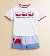Swimming whale appliqués and contrasting trim make a splash on the front of this plush cotton knit.CrewneckShort sleevesPullover styleCottonMachine washImported