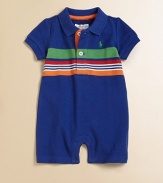 A classic cotton mesh polo shortall is updated for warmer months with short sleeves and bold stripes for a fun, preppy style.Ribbed polo collarShort sleevesFront button placketBottom snapsCottonMachine washImported Please note: number of buttons and snaps may vary depending on size ordered. 
