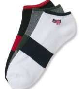 3 pack ped socks in assorted colors by Polo Ralph Lauren with ribbed ankle cuffs to hold them in place.
