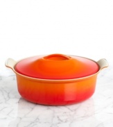 Capturing the charm of France, the oval cocotte has a high-glossed enamel finish and modern design that fits effortlessly into any kitchen, producing superior dishes bursting with rich aromas, tender juices and intoxicating flavors that only the cast-iron can deliver. 5-year limited warranty.