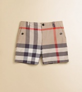 Classic checks blown way up are both handsome and sporty on pure cotton shorts.Elasticized back waist with single button and belt loopsZip flyFlat frontAngled button pocketsBack button-flap pocketsCottonMachine washImported