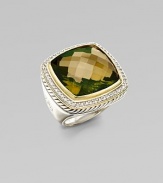 From the Albion Collection. A substantial cushion of faceted olive quartz, edged in sterling silver cable, diamonds and 18k gold on a smooth band of sterling silver.Diamonds, 0.52 tcw Olive quartz Sterling silver and 18k yellow gold About ¾ square Imported