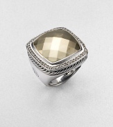 From the Albion Collection. A beautiful design combining a faceted cushion of 18k gold with a frame of diamonds in a sterling silver setting and band. Diamonds, 0.52 tcw Sterling silver and 18k yellow gold About ¾ square Imported