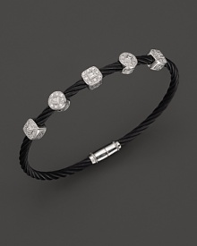 A stackable bangle in white gold and black PVD cable with five diamond stations. Designed by Charriol. A stackable bangle in white gold and black PVD cable with five diamond stations. Designed by Charriol.