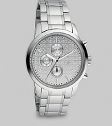 EXCLUSIVELY AT SAKS. A sleek, thoroughly modern design benefits from clean styling and silver logo dial. A stainless steel bezel and bracelet lend a polished finish. Round bezel Quartz movement Three-eye chronograph functionality Water resistant to 5 ATM Second hand Stainless steel case: 44mm (1.73) Stainless steel bracelet Deployment clasp Imported 