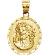 Celebrate your faith with this symbolic medal. Featuring the iconic image of Jesus, this intricate diamond-cut charm is crafted in 14k gold. Chain not included. Approximate length: 1 inch. Approximate width: 2/3 inch.