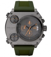 At ease, captain. You're running the show with this military-inspired watch by Diesel. Green silicone strap and round gunmetal ion-plated stainless steel case. Largest of three gunmetal dials features date window and three chronograph subidials and two additional dials feature orange stick indices and accents. Quartz movement. Water resistant to 100 meters. Two-year limited warranty.