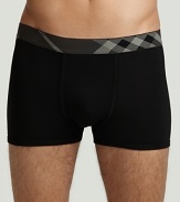 Trunks with gusset support pouch. Elasticized beat check waistband, comfort fitting.