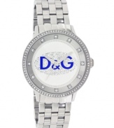 The bold and the beautiful. Watch by D&G crafted of stainless steel bracelet and round case. Bezel embellished with crystal accents. Silver tone dial features crystal accents at markers, minute track, three silver tone hands and large blue logo among cluster of crystal accents at center. Quartz movement. Water resistant to 30 meters. Two-year limited warranty.