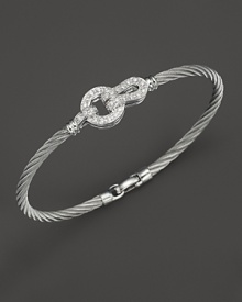 18 karat white gold and steel cable bangle with diamond pavé. Designed by Charriol. 18 karat white gold and steel cable bangle with diamond pavé. Designed by Charriol.
