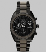 Classic chronograph functionality with a modern, sporty twist in stainless steel with a silicone bracelet. Round bezel Quartz movement Three-eye chronograph functionality Water resistant to 3 ATM Date function Second hand Stainless steel case: 43mm (1.69) Silicone bracelet: 23mm (0.90) Imported 