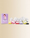 Six pairs of brightly colored Mary Jane socks with a ruffled lace cuff, packaged in a sweet gift box.80% cotton/17% acrylic/3% spandexMachine washImported
