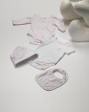 Style starts early with this soft cotton quartet, including two bodysuits, a bib and cap.Short sleeve bodysuit with embroidered teddy bear, snap shoulder and bottom snaps Long sleeve double-G print bodysuit with side and bottom snaps Double-G print bib with back snap closure Double-G print cap with contrast cuff Cotton; machine wash Made in Italy