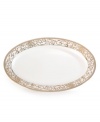 Intricate trim and scrolling vines in lavish gold make the Cru Athena oval platter a fine-dining sensation and, in dishwasher-safe bone china, a dream for after dinner as well.