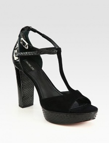 Heightened by a snakeskin heel and platform, this suede sandal has an adjustable ankle strap and a timeless t-strap. Snakeskin heel, 4 (100mm)Snakeskin platform, 1 (25mm)Compares to a 3 heel (75mm)Snakeskin and suede upperLeather lining and solePadded insoleImported Heightened by a snakeskin heel and platform, this suede sandal has an adjustable ankle strap and a timeless t-strap. Snakeskin heel, 4 (100mm)Snakeskin platform, 1 (25mm)Compares to a 3 heel (75mm)Snakeskin and suede upperLeather lining and solePadded insoleImported