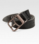 Worn and weathered calfskin leather with an distressed metal logo buckle. About 1¾ wide Made in Italy 