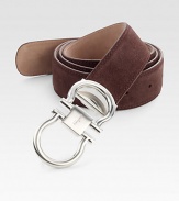 Adjustable suede belt with double gancini buckle.SuedeAbout 1½ wideMade in Italy