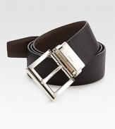Textured saffiano leather with logo engraved metal buckle.LeatherAbout 1¼Made in Italy