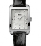 A design that never goes out of style: a black leather timepiece from Hugo Boss.