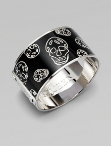Great worn alone or stacked together, this wide cuff has creepy-cool skulls, stud details and Alexander McQueen-engraved logo on interior. Enamel Brass Diameter, about 2¼ Width, about 1¼ Imported Great worn alone or stacked together, this wide cuff has creepy-cool skulls, stud details and Alexander McQueen-engraved logo on interior. Enamel Brass Diameter, about 2¼ Width, about 1¼ Imported