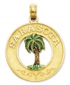 Cherish the beautiful Floridian city of Sarasota! Carved of 14k gold, this charm reads Sarasota and features a stoic palm tree with painted green enamel. Chain not included. Approximate drop length: 1 inch. Approximate drop width: 3/4 inch.