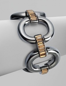 This dramatic style offers faceted glass baguette links in a contrasting color. Brass Fold over closure Length, about 8½ Imported This dramatic style offers faceted glass baguette links in a contrasting color. Brass Fold over closure Length, about 8½ Imported