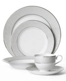Clean, cool and marked by an understated elegance, Mikasa's fine china dinnerware and dishes collection features a soft gray border embellished with an intricate scroll design. Inner and outer borders of platinum perfect the look of the Parchment 5-piece place settings. Clean, cool and marked by an understated elegance, Mikasa's fine china dinnerware and dishes collection features a soft gray border embellished with an intricate scroll design. Inner and outer borders of platinum perfect the look of the Parchment 5-piece place settings.