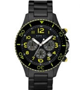 Black on black gets attitude from the addition of bright yellow accents by Marc by Marc Jacobs. Rock watch crafted of black ion-plated stainless steel bracelet and round case. Black turning bezel with yellow numerals. Black chronograph dial features yellow numerals at markers, outer logo ring, date window, three subdials and luminous hands. Quartz movement. Water resistant to 50 meters. Two-year limited warranty.