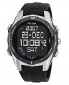 This digital men's watch from Pulsar features a comfortable, athletic strap and multiple functions. Black polyurethane strap and silvertone stainless steel round case. Black digital round dial with world time, alarm clock, stopwatch and countdown features. Digital movement. Water resistant to 100 meters. Three-year limited warranty.