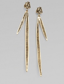 A spirited style with an elegant drop design. Goldtone brassDrop, about 4.33Post backImported A spirited style with an elegant drop design. Goldtone brassDrop, about 4.33Post backImported