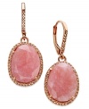 Inspired by nature, these stunning drop earrings highlight organically-shaped black pink opal (9-1/5 ct. t.w.) surrounded by round-cut diamonds (1/6 ct. t.w.). Set in 14k rose gold over sterling silver. Approximate drop: 1-1/4 inches.