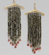 Pyrite and black spinel beaded fringe with garnet drops and gold accents.Pyrite & black spinel Garnet 14K gold 10K gold Length, about 3 Width, about 1¼ French earwires Imported 