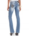 Rhinestone & embroidered Fleur de Lis add eye-catching appeal to these Miss Me bootcut jeans -- perfect for daytime glam!