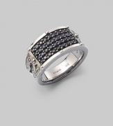 A tapered design in burnished sterling silver is defined by four rows of tiny black sapphires. Sterling silver Black sapphires ¼W X 1 diam. Imported 