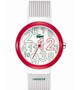 Scrambled excellence from Lacoste. Unisex Goa watch crafted of gray and white stripe silicone strap with printed logo and round white plastic case with red bezel. White dial features jumbled green and red printed numerals, cut-out hour and minute hand, red second hand, and iconic crocodile logo at twelve o'clock. Quartz movement. Water resistant to 30 meters. Two-year limited warranty.