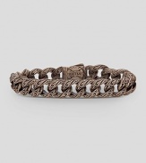 A modern look in warm, cocoa bronze with fine engraving. Bracelet, about 8½ long Dual locking closure Made in USA