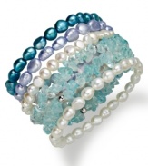 Splash yourself with ocean color. Fresh by Honora's vibrant 6-piece bracelet set features white, sky blue and teal Baroque cultured freshwater pearls (6-7 mm), as well as blue quartz stones (33 ct. t.w.). Bracelets set in sterling silver and Lycra cord. Approximate length: 7-1/4 inches to 7-1/2 inches.