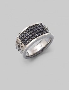 A tapered design in burnished sterling silver is defined by four rows of tiny black sapphires. Sterling silver Black sapphires ¼W X 1 diam. Imported 