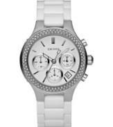Dare to dazzle. This DKNY watch features a white ceramic bracelet and round stainless steel case. Crystal accents at bezel. White glossy dial with silvertone stick indices, logo, date window and three subdials. Quartz movement. Water resistant to 50 meters. Two-year limited warranty.