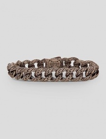 A modern look in warm, cocoa bronze with fine engraving. Bracelet, about 8½ long Dual locking closure Made in USA A modern look in warm, cocoa bronze with fine engraving. Bracelet, about 8½ long Dual locking closure Made in USA