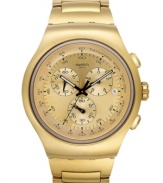 A timeless structured Golden Block watch with golden tones and Swiss precision, by Swatch.