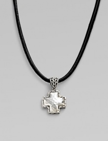 A simple leather cord holds a small cross pendant forged with a hammered finish in pure silver. Cord, 18-20 adjustable Lobster clasp closure Imported A simple leather cord holds a small cross pendant forged with a hammered finish in pure silver. Cord, 18-20 adjustable Lobster clasp closure Imported